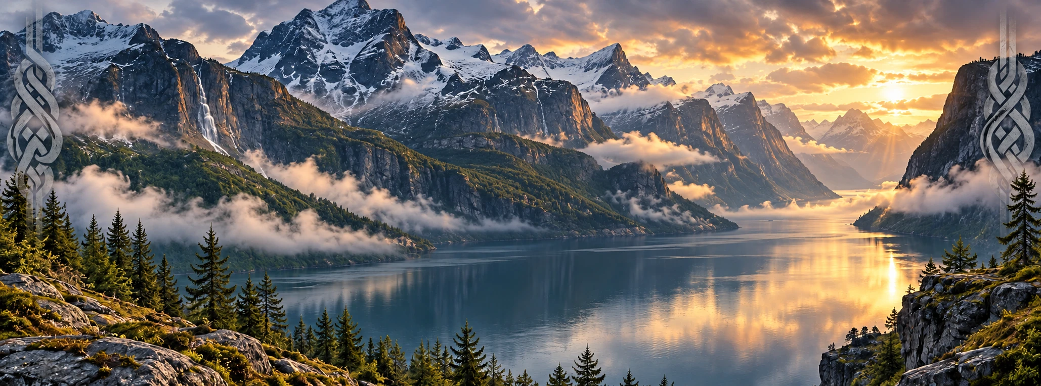 Nordische Fjordlandschaft mit Bergen und Abendlicht